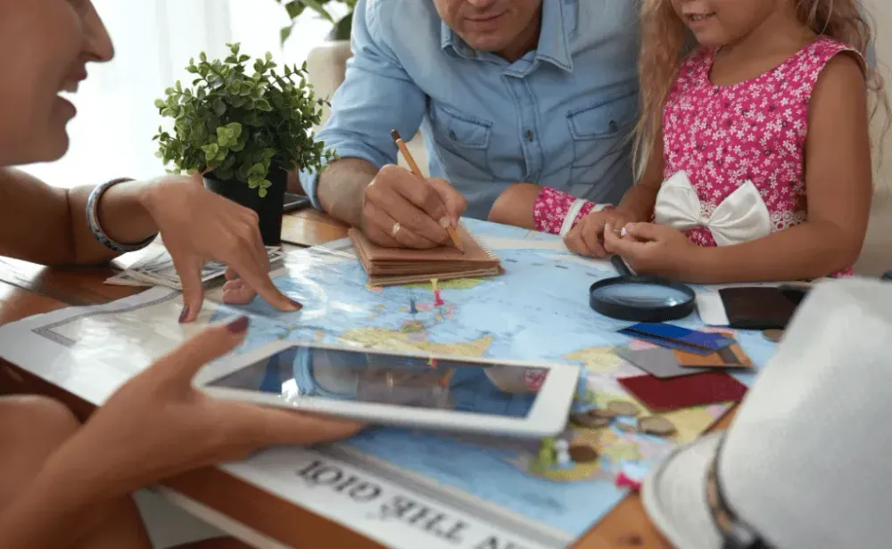 Family discussing plans for vacation